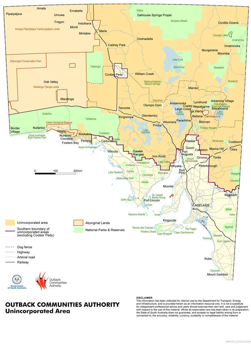 Map of South Australia showing outback communities